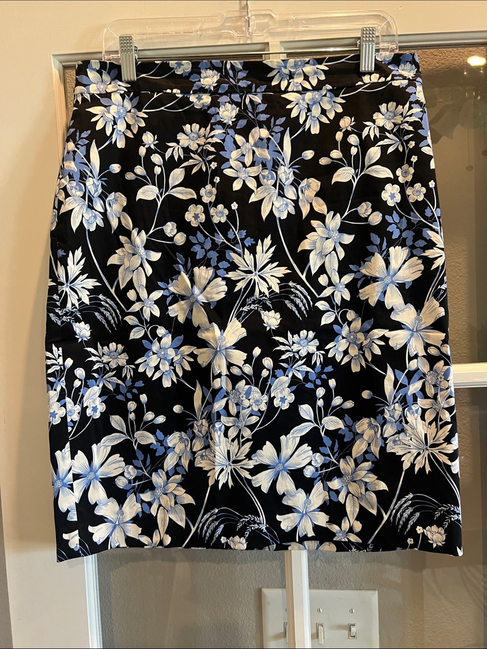 Talbots Black Pencil Skirt with Blue and White Floral Motif